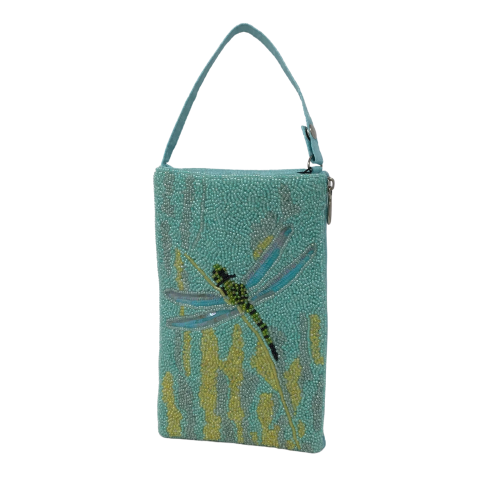 Dragonfly Club Bag- A glistening dragonfly sits upon a blade of grass. This versatile smart phone bag can be worn cross body or as a wristlet. Includes 54" cross body strap that can tuck inside when not in use, a short strap that unsnaps so the bag can be attached to a larger bag or belt, and a separate, secure side zip pocket for cash and credit cards.
