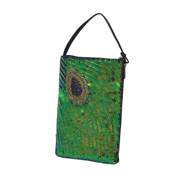 Fancy Peacock Club Bag- This beaded bag features a single peacock feather design of vibrant greens, with gold and purples. The Club Bag holds your essentials in style! Hand beaded by artisans in India, this versatile smart phone bag can be worn cross body or as a wristlet. Includes 54" cross body strap that can tuck inside when not in use, a short strap that unsnaps so the bag can be attached to a larger bag or belt, and a separate, secure side zip pocket for cash and credit cards.