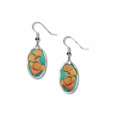 California Poppy - Giclee Print - Teal Green Accent Earrings