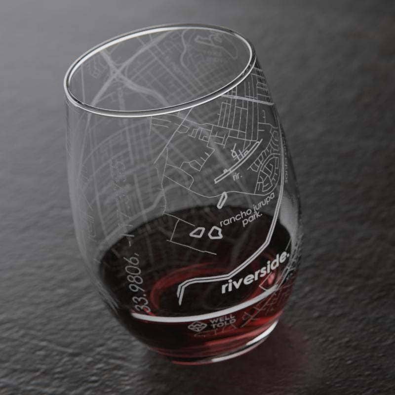 Riverside CA Map Stemless Wine Glass