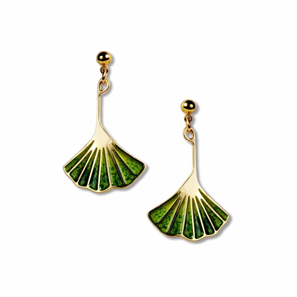 Ginkgo Leaf - Light And Dark Green Enamel Earrings