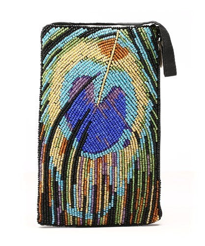 Peacock Feather beaded bag features a giant up-close peacock feather design of blues, greens, and yellow accents. The Club Bag holds your essentials in style! Hand beaded by artisans in India, this versatile smart phone bag can be worn cross body or as a wristlet. Includes 54" cross body strap that can tuck inside when not in use, a short strap that unsnaps so the bag can be attached to a larger bag or belt, and a separate, secure side zip pocket for cash and credit cards. 